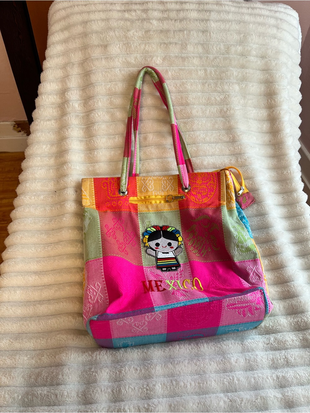 Colorful Mexico Embroidered Patchwork Tote Bag - Pink Multicolor